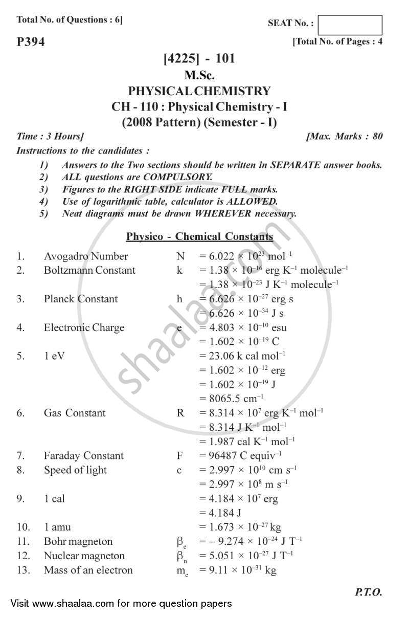 Physical Chemistry 1 2012-2013 - M.Sc. - Semester 1 - University of Pune question paper with PDF download