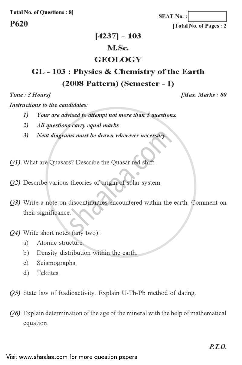 Physics and Chemistry of the Earth 2012-2013 - M.Sc. - Semester 1 - University of Pune question paper with PDF download