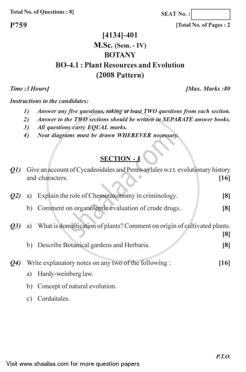 Plant Resource and Evolution 2011-2012 - M.Sc. - Semester 4 - University of Pune question paper with PDF download