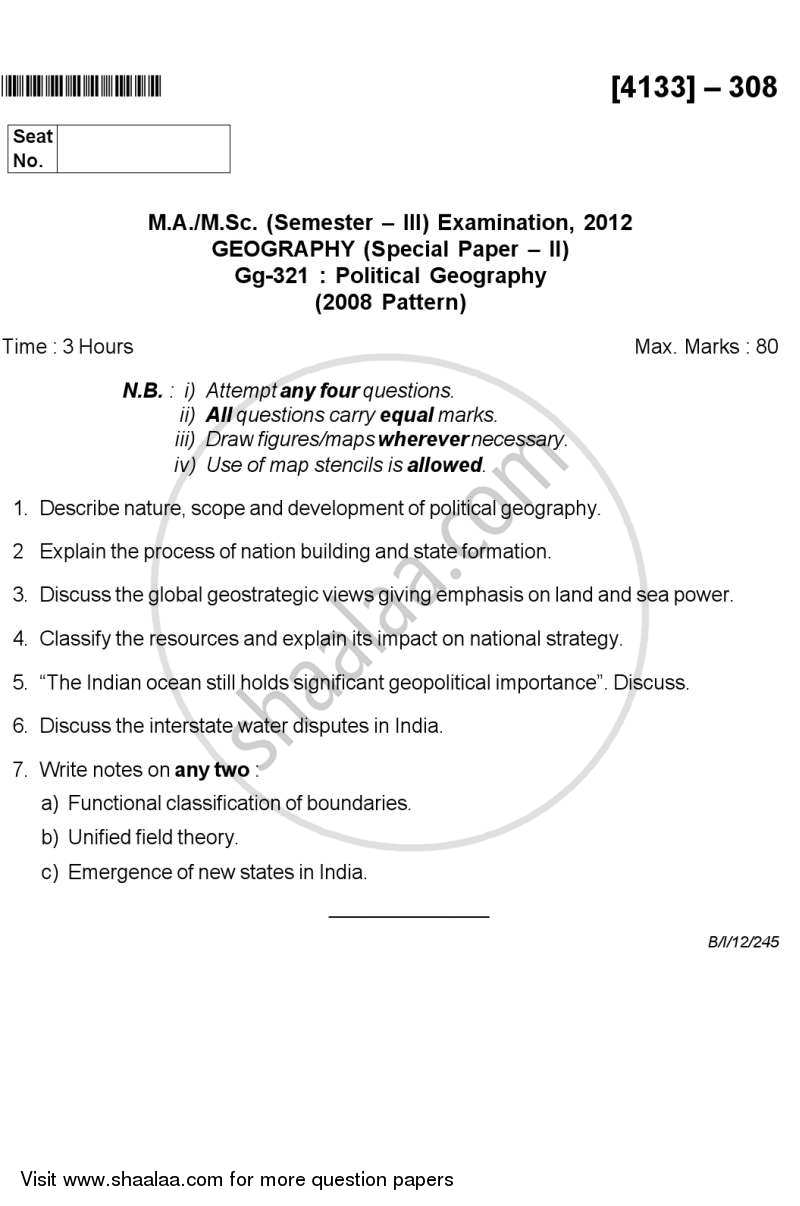 Political Geography 2011-2012 - M.Sc. - Semester 3 - University of Pune question paper with PDF download