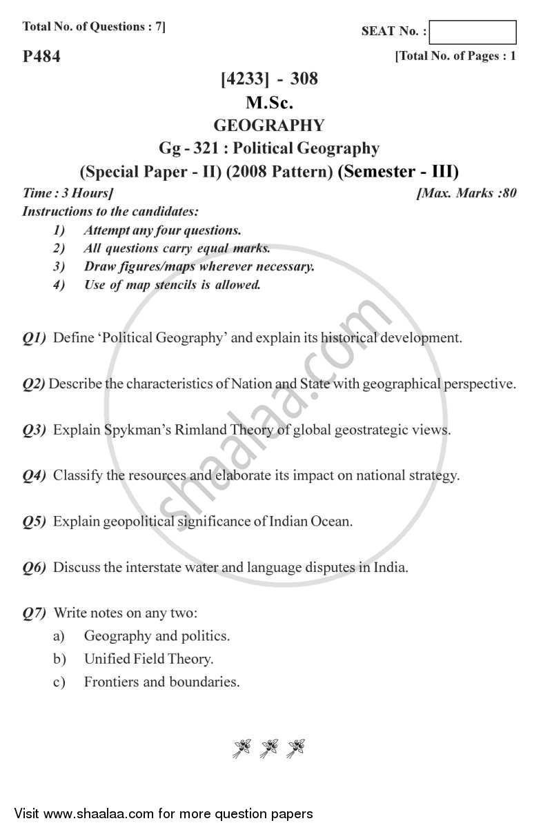 Political Geography 2012-2013 - M.Sc. - Semester 3 - University of Pune question paper with PDF download