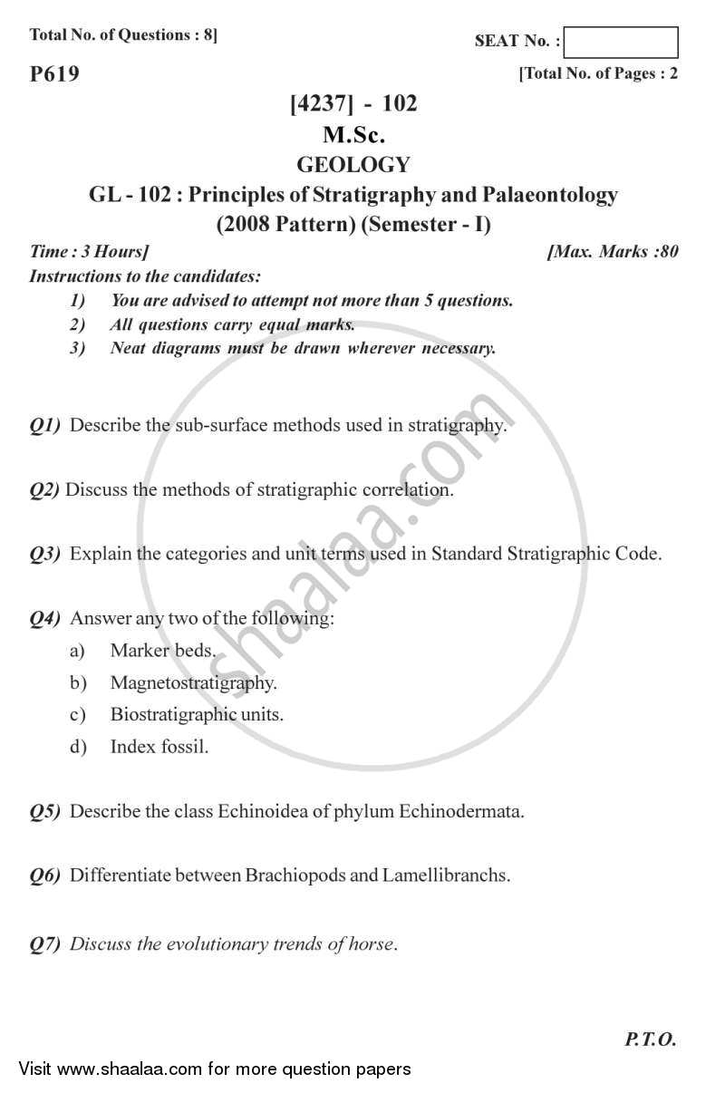 Principles of Stratigraphy and Palaeontology 2012-2013 - M.Sc. - Semester 1 - University of Pune question paper with PDF download