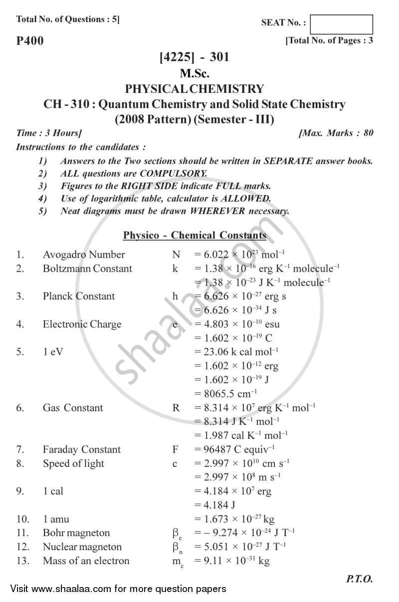Quantum Chemistry and Solid State Chemistry 2012-2013 - M.Sc. - Semester 3 - University of Pune question paper with PDF download
