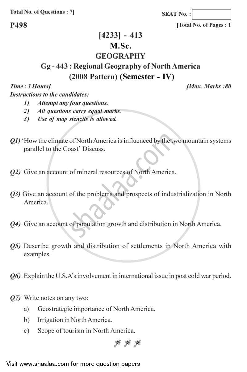 Regional Geography of North America 2012-2013 - M.Sc. - Semester 4 - University of Pune question paper with PDF download