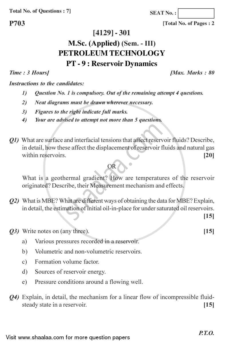 Reservoir Dynamics 2011-2012 - M.Sc. - Semester 3 - University of Pune question paper with PDF download