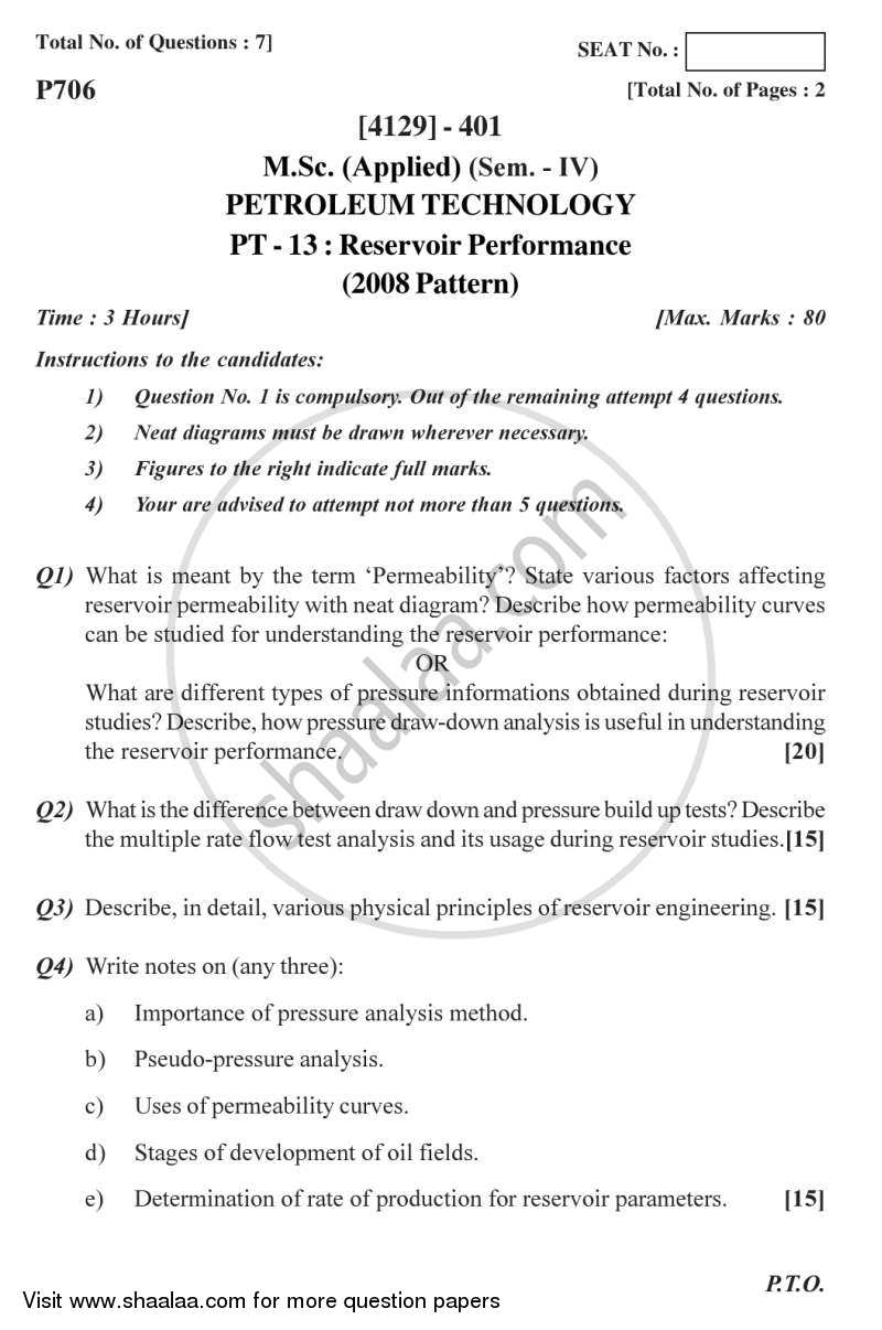 Reservoir Performance 2011-2012 - M.Sc. - Semester 4 - University of Pune question paper with PDF download