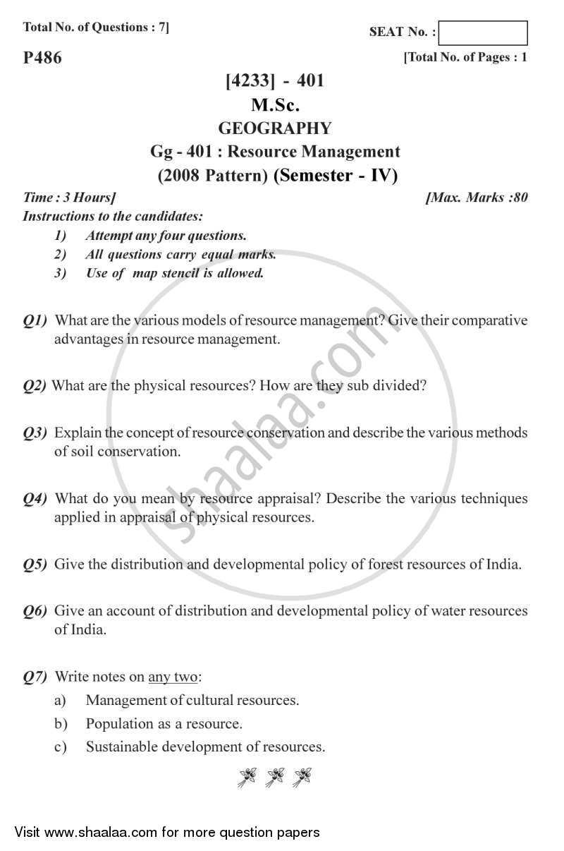 Resource Management 2012-2013 - M.Sc. - Semester 4 - University of Pune question paper with PDF download