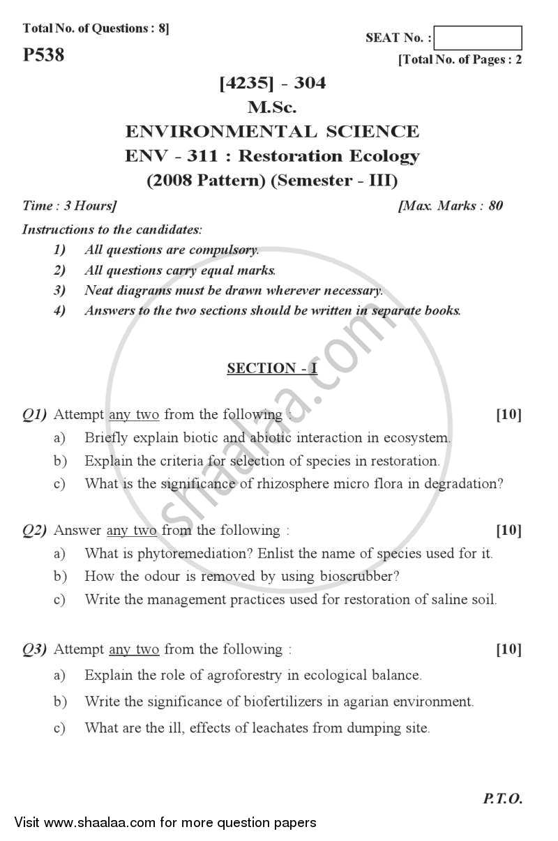Restoration Ecology 2012-2013 - M.Sc. - Semester 3 - University of Pune question paper with PDF download