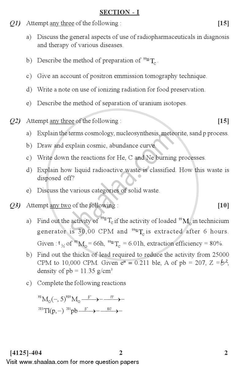 Special Topics in Nuclear and Radiation Chemistry 2011-2012 - M.Sc. - Semester 4 - University of Pune question paper with PDF download