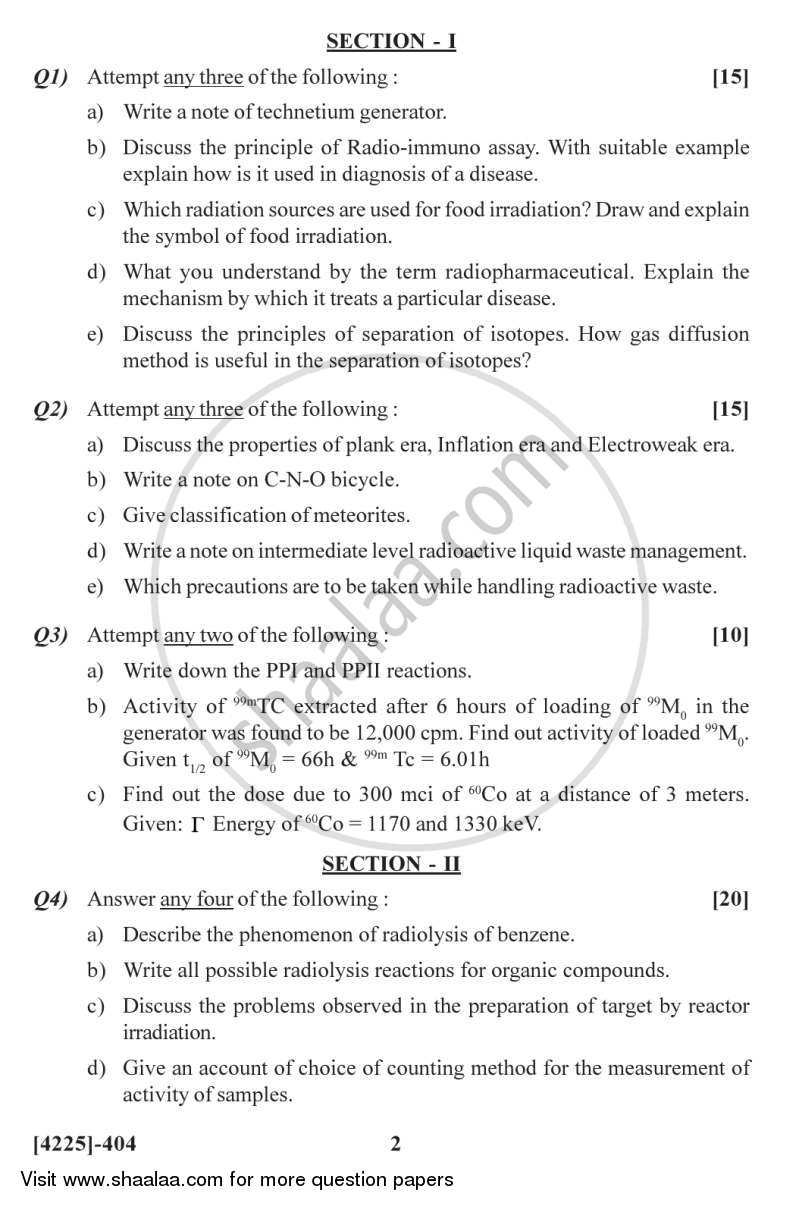Special Topics in Nuclear and Radiation Chemistry 2012-2013 - M.Sc. - Semester 4 - University of Pune question paper with PDF download