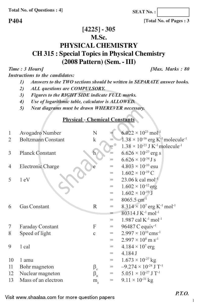 Special Topics in Physical Chemistry 2012-2013 - M.Sc. - Semester 3 - University of Pune question paper with PDF download