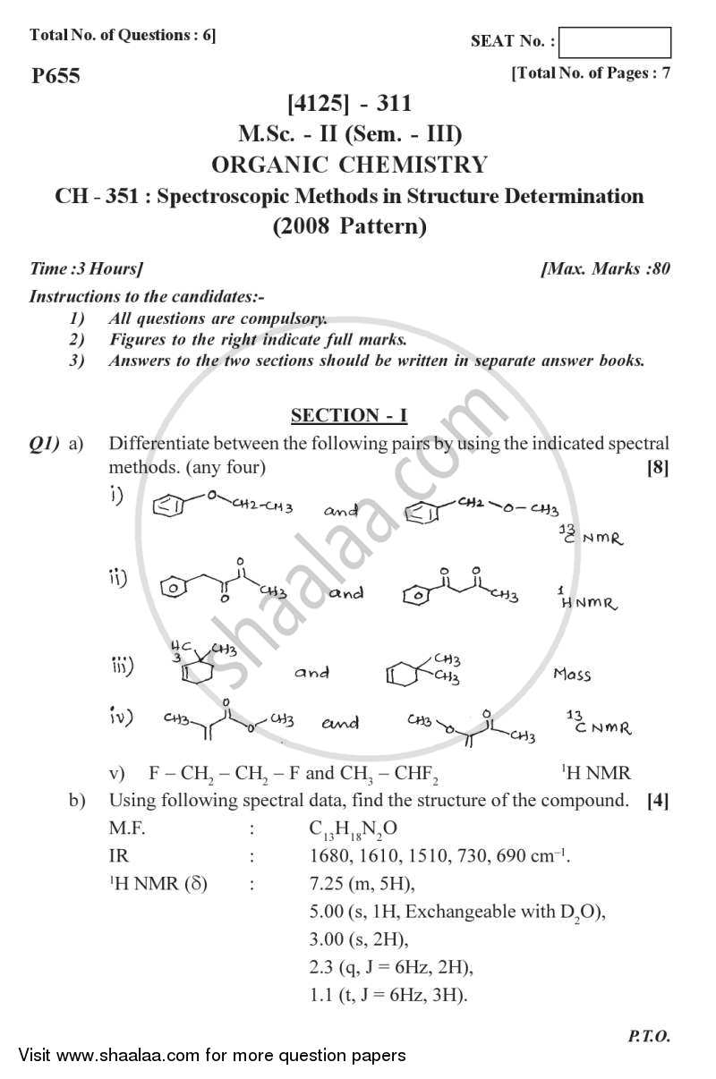 Spectroscopic Methods in Structure Determination 2011-2012 - M.Sc. - Semester 3 - University of Pune question paper with PDF download