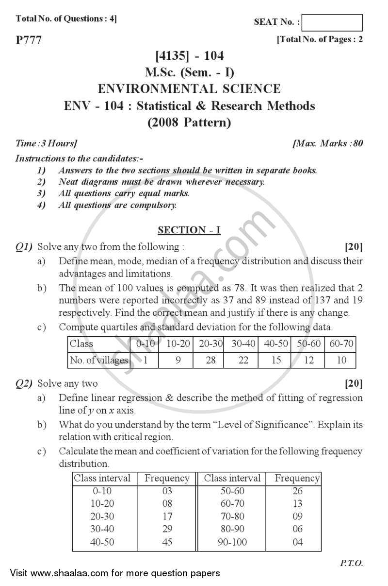 Statistical and Research Methods 2011-2012 - M.Sc. - Semester 1 - University of Pune question paper with PDF download