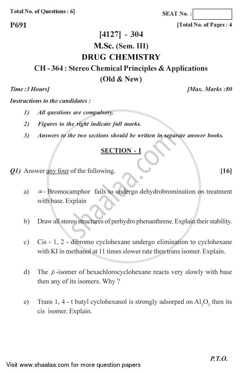 Stereo Chemical Principles and Applications 2011-2012 - M.Sc. - Semester 3 - University of Pune question paper with PDF download