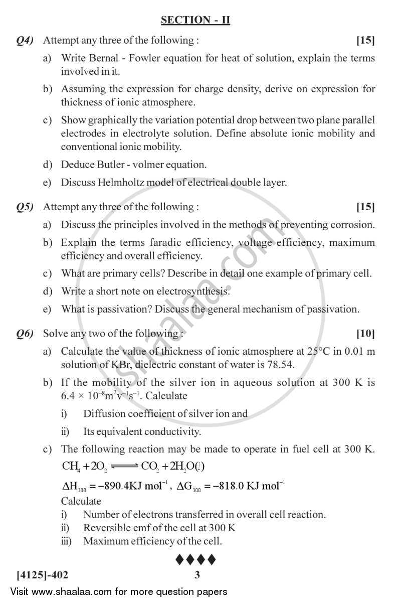 Surface and Electrochemistry 2011-2012 - M.Sc. - Semester 4 - University of Pune question paper with PDF download