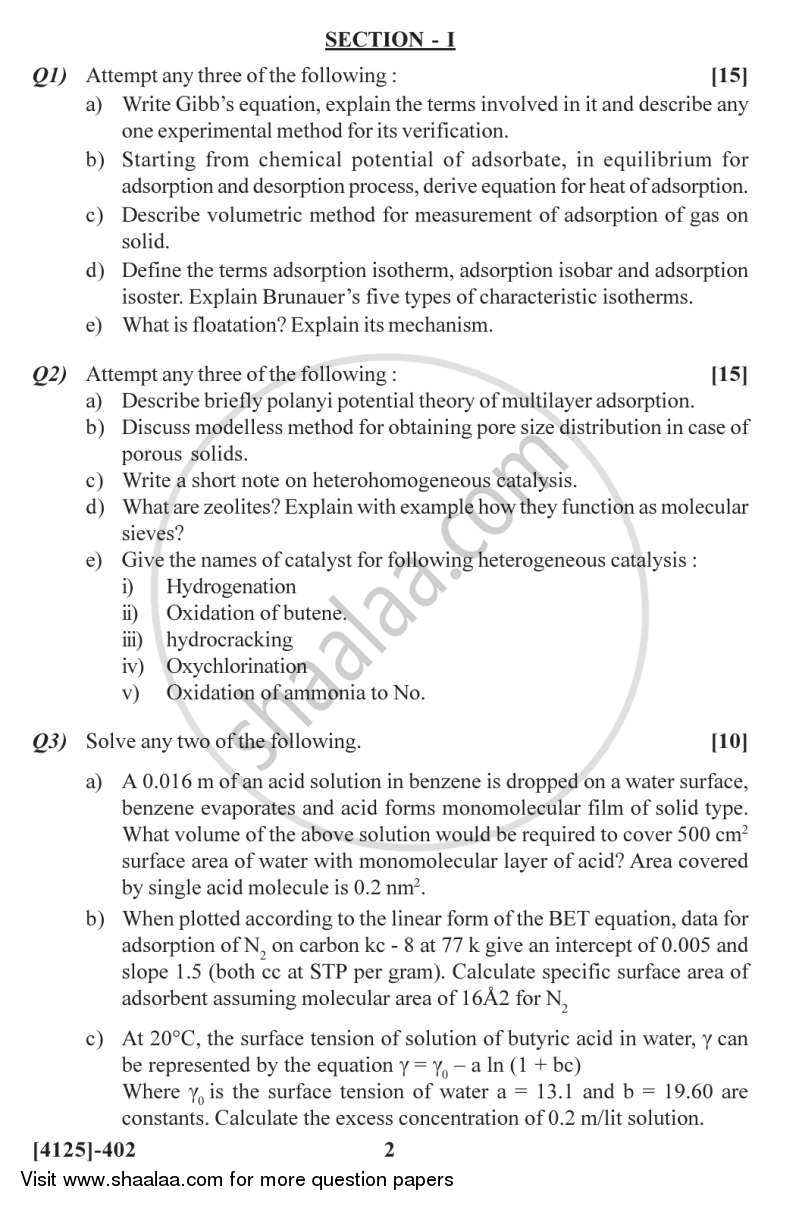 Surface and Electrochemistry 2011-2012 - M.Sc. - Semester 4 - University of Pune question paper with PDF download