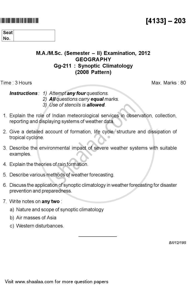Synoptic Climatology 2011-2012 - M.Sc. - Semester 2 - University of Pune question paper with PDF download