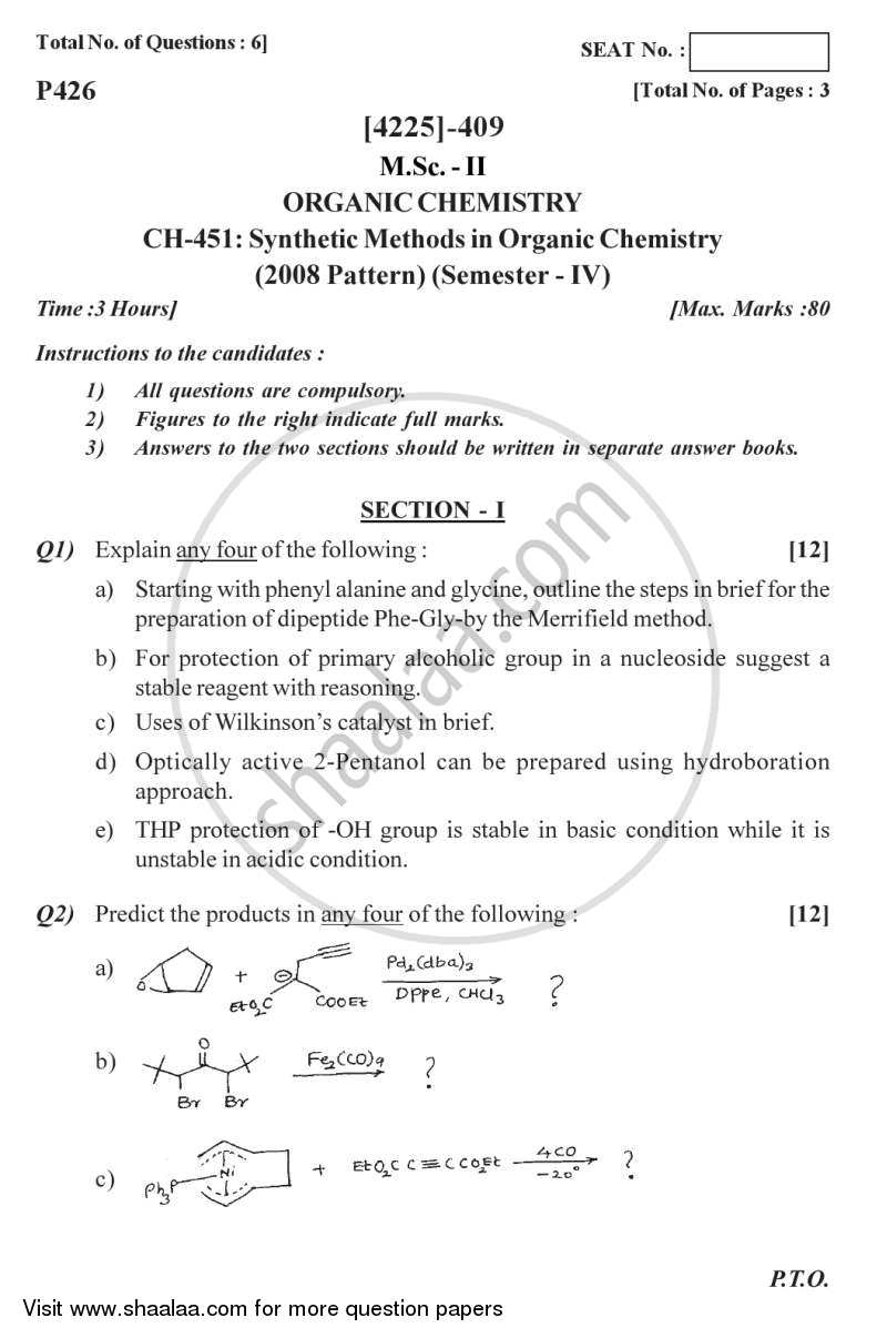 Synthetic Methods in Organic Chemistry 2012-2013 - M.Sc. - Semester 4 - University of Pune question paper with PDF download