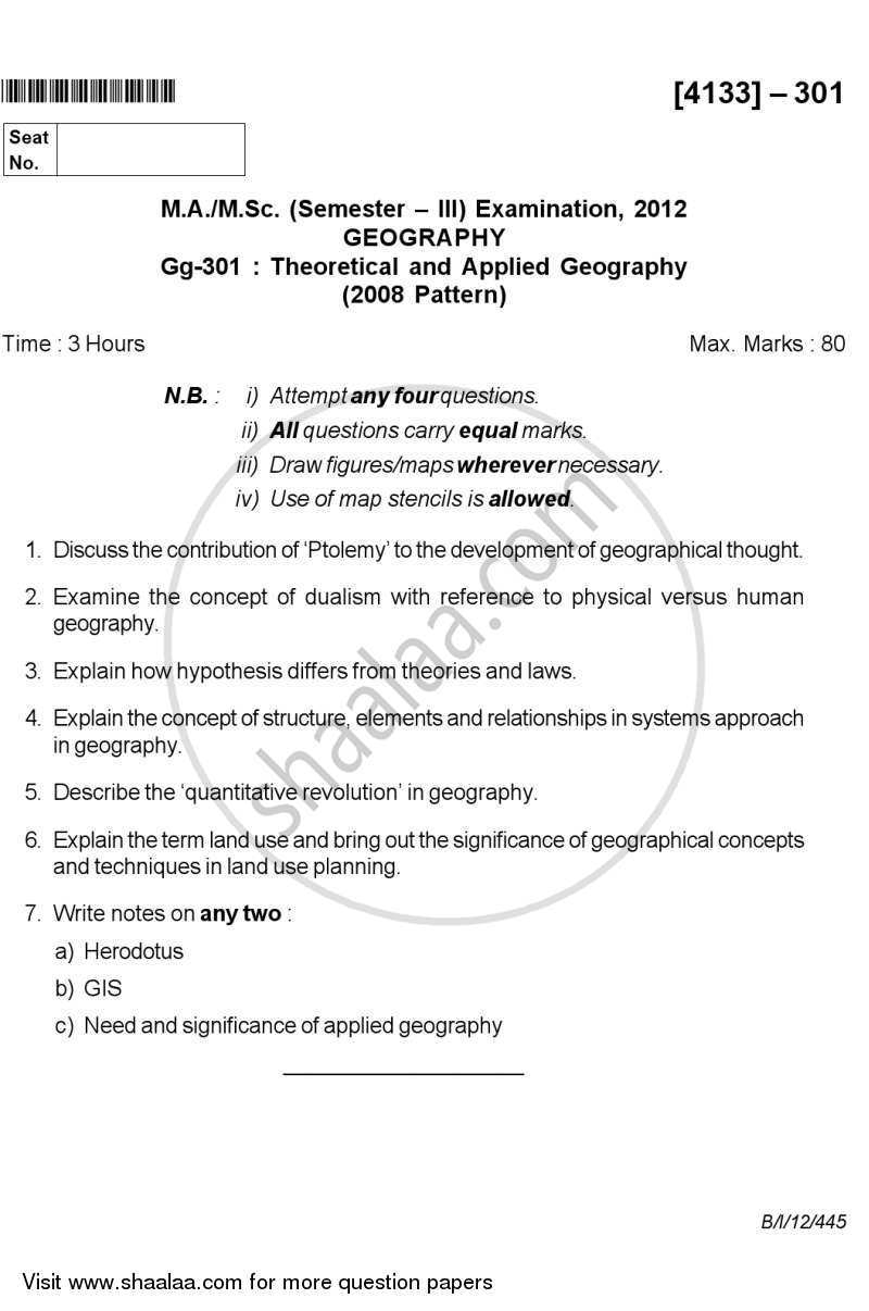 Theoretical and Applied Geography 2011-2012 - M.Sc. - Semester 3 - University of Pune question paper with PDF download