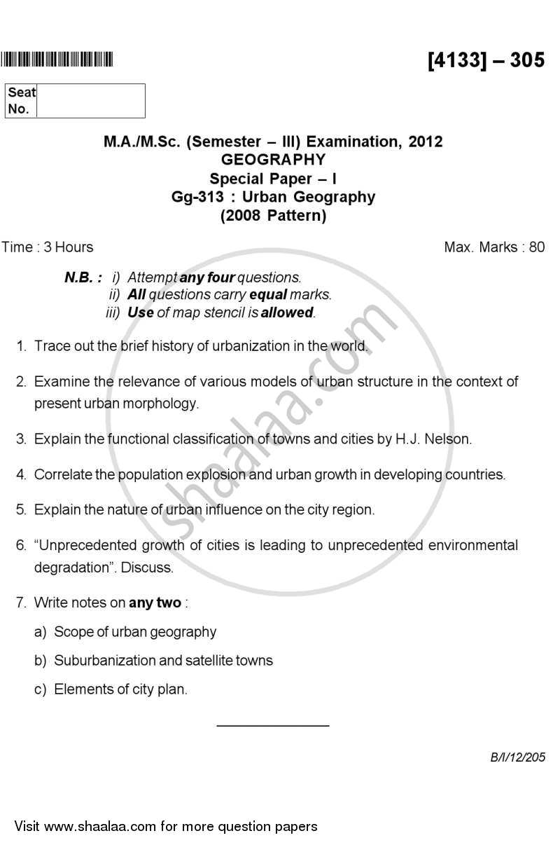 Urban Geography 2011-2012 - M.Sc. - Semester 3 - University of Pune question paper with PDF download