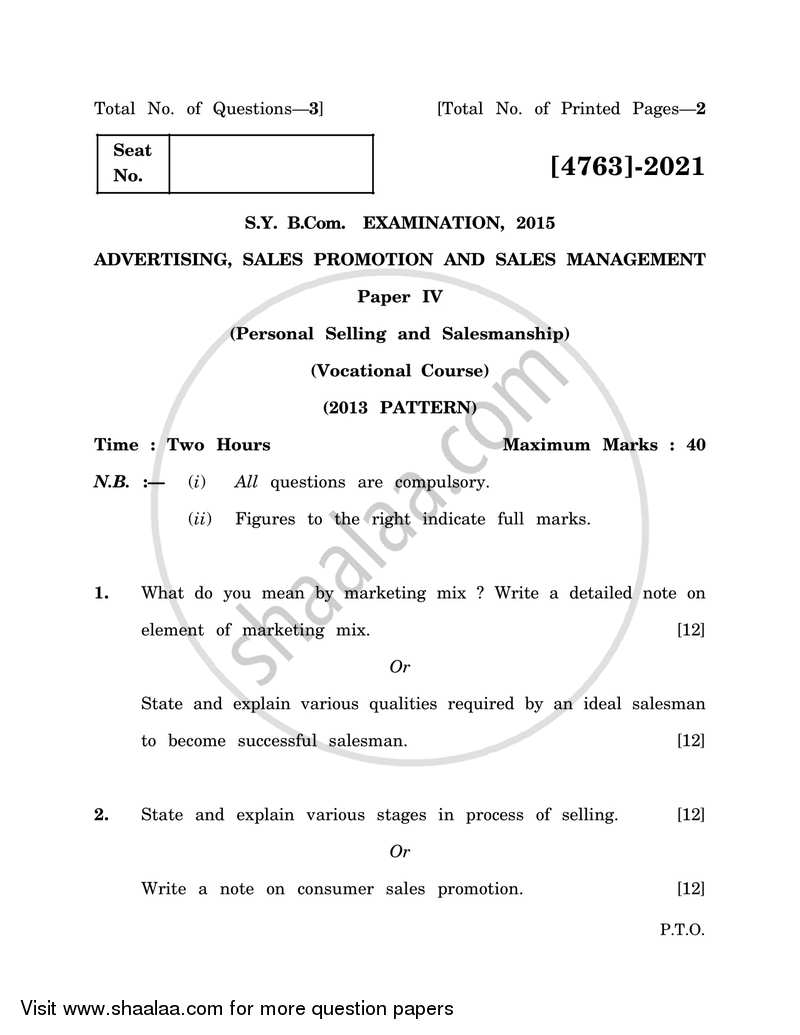 Personal Selling and Salesmanship 2014-2015 S.Y.B.Com Vocational - University of Pune question paper with PDF download