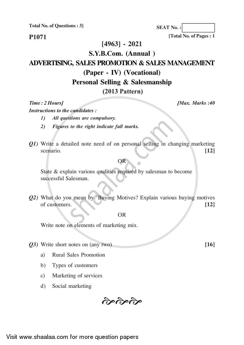 Personal Selling and Salesmanship 2015-2016 S.Y.B.Com Vocational - University of Pune question paper with PDF download