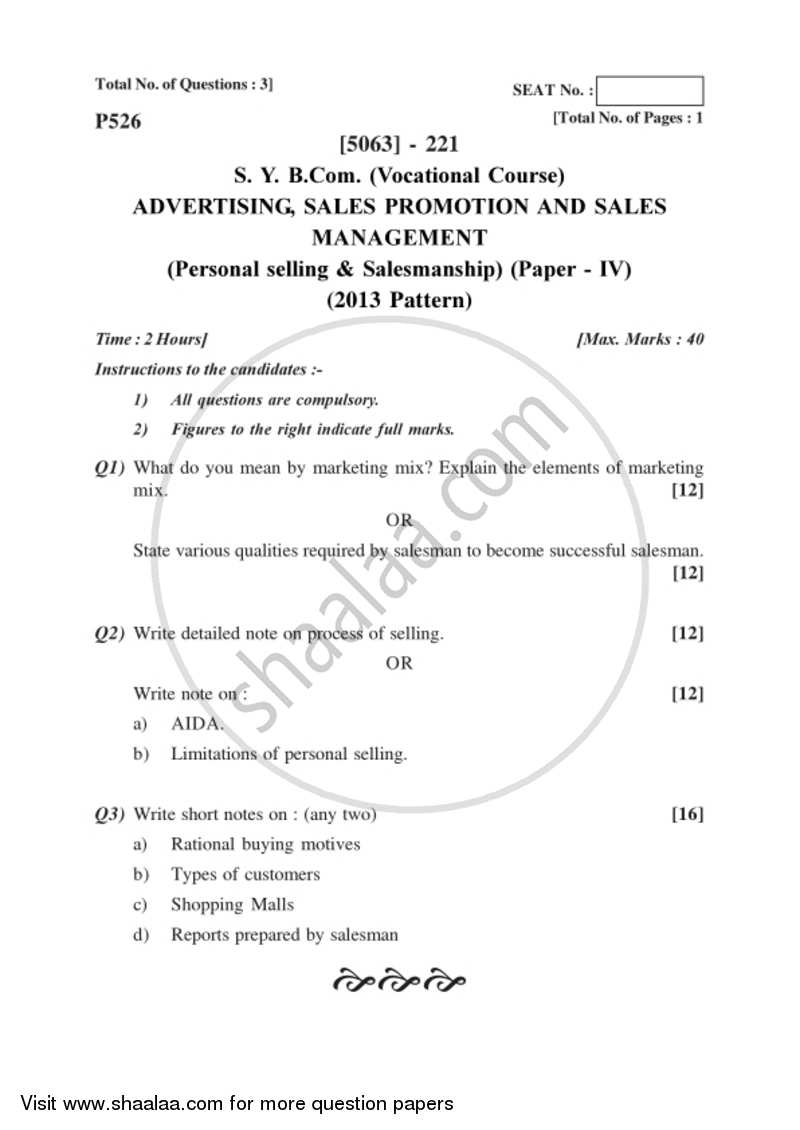 Personal Selling and Salesmanship 2016-2017 S.Y.B.Com Vocational - University of Pune question paper with PDF download