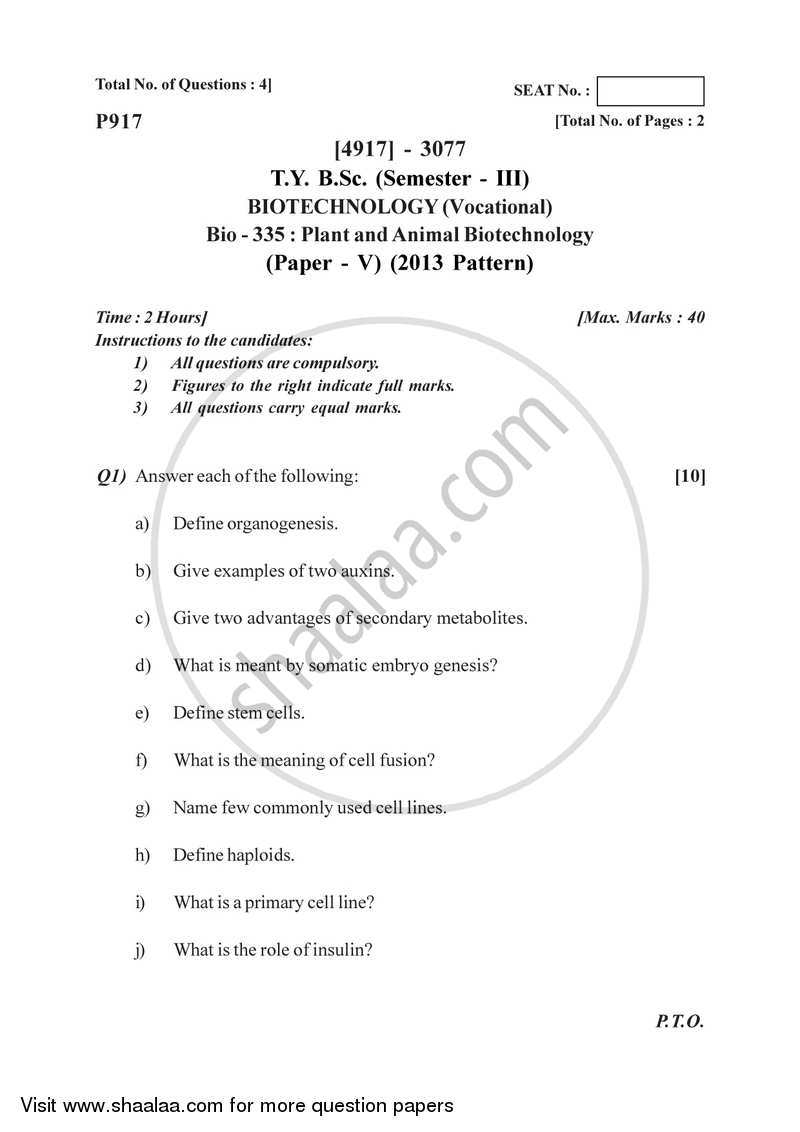 Plant and Animal Biotechnology 2015-2016 Semester 5 (FYBSc) - University of Pune question paper with PDF download