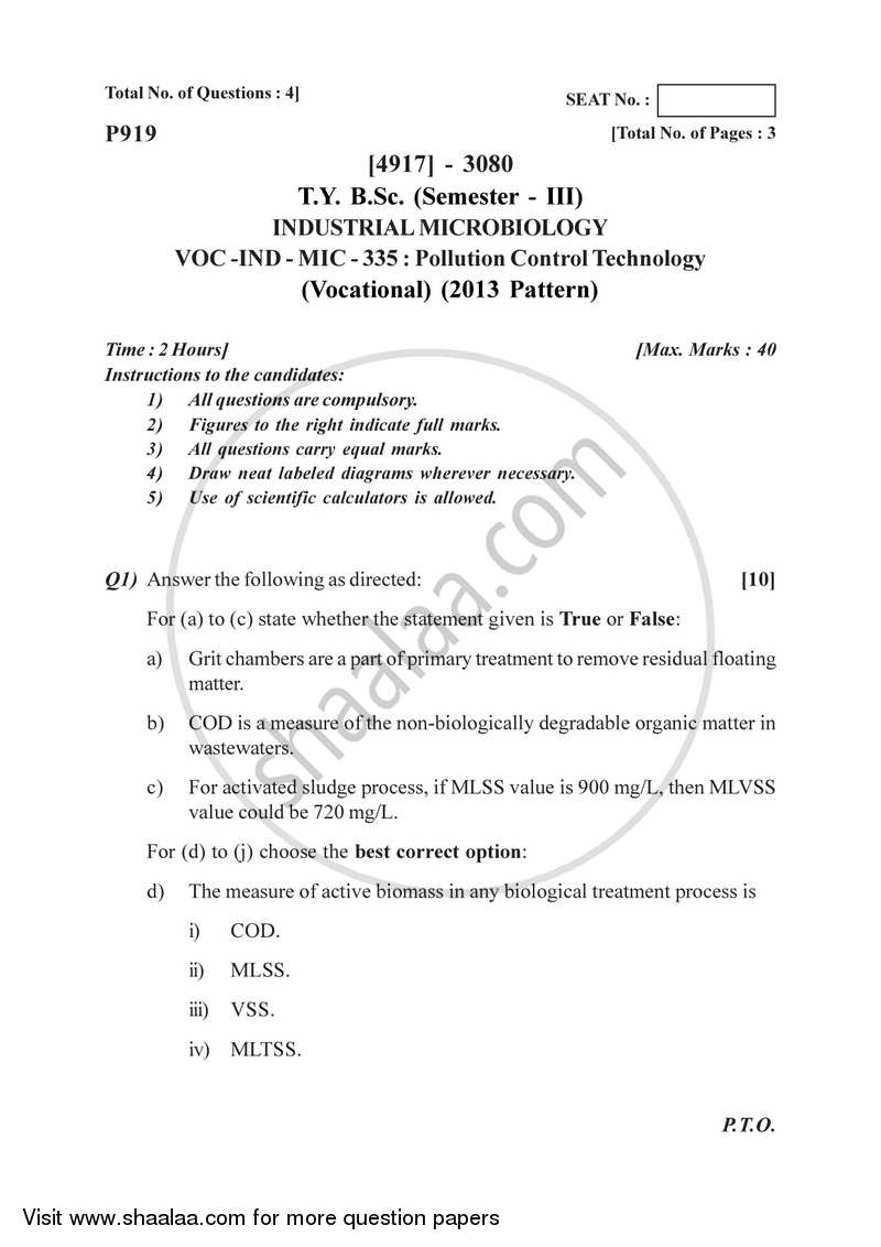 Pollution Control Technology 2015-2016 Semester 5 (FYBSc) - University of Pune question paper with PDF download