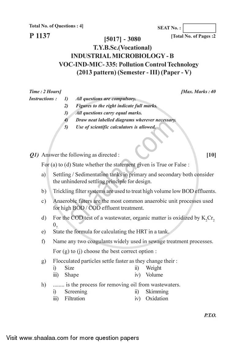 Pollution Control Technology 2016-2017 Semester 5 (FYBSc) - University of Pune question paper with PDF download