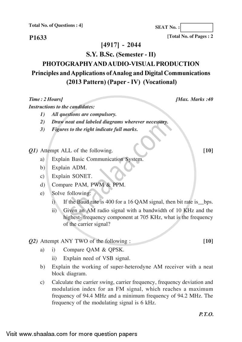 Principle and Applications of Analog and Digital Communications 2015-2016 Semester 4 (FYBSc) - University of Pune question paper with PDF download
