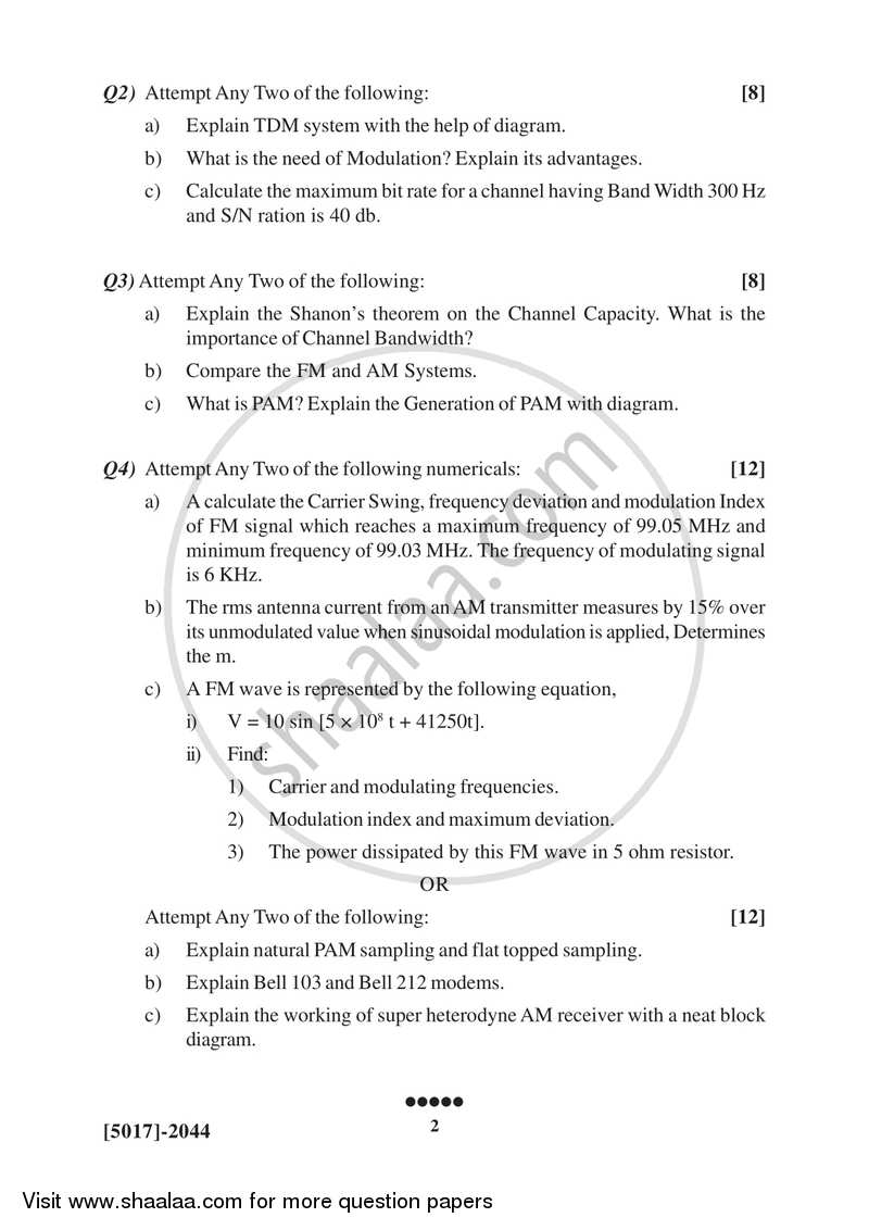 Principle and Applications of Analog and Digital Communications 2016-2017 Semester 4 (FYBSc) - University of Pune question paper with PDF download