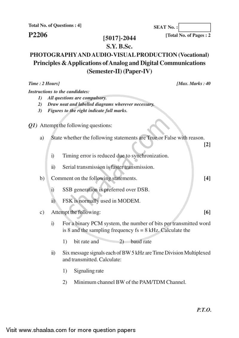 Principle and Applications of Analog and Digital Communications 2016-2017 Semester 4 (FYBSc) - University of Pune question paper with PDF download