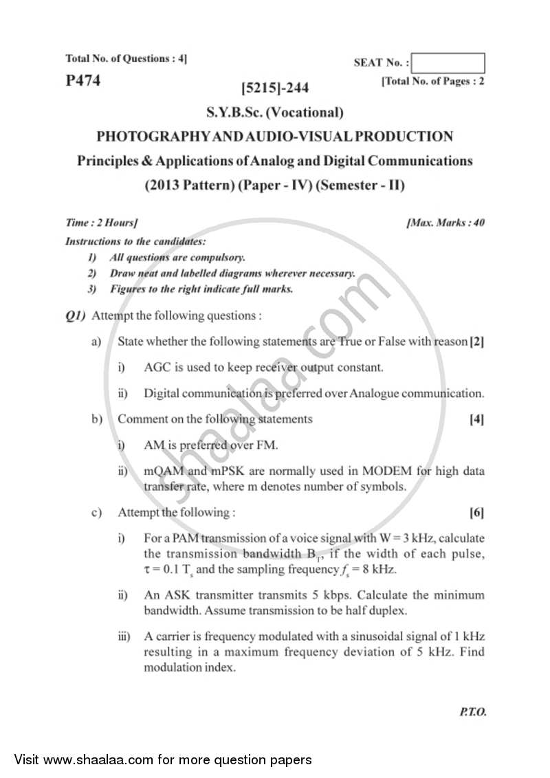 Principle and Applications of Analog and Digital Communications 2017-2018 Semester 4 (FYBSc) - University of Pune question paper with PDF download