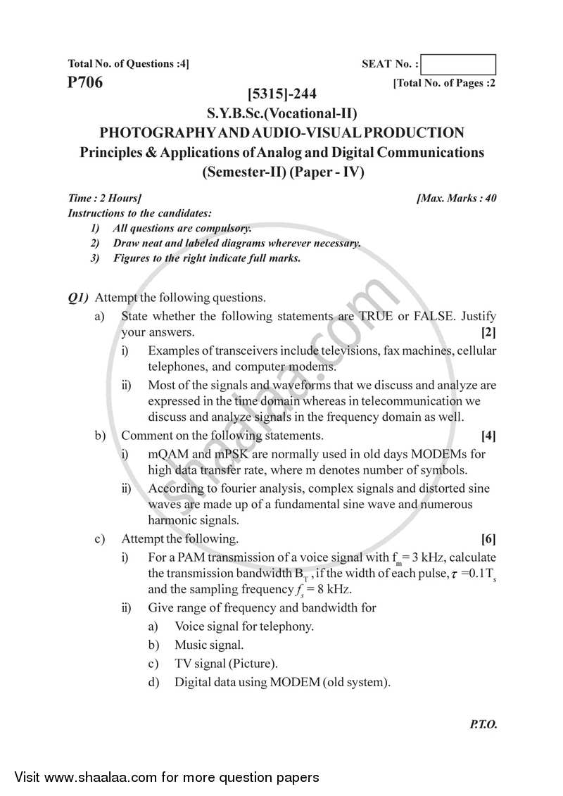 Principle and Applications of Analog and Digital Communications 2017-2018 Semester 4 (FYBSc) - University of Pune question paper with PDF download