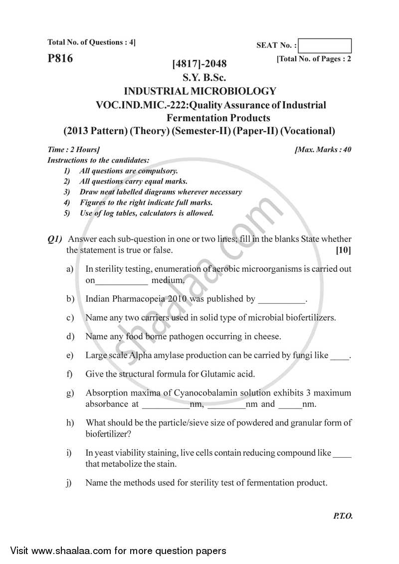 Quality Assurance in Industrial Products 2015-2016 Semester 4 (FYBSc) - University of Pune question paper with PDF download