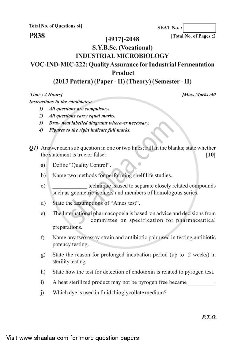 Quality Assurance in Industrial Products 2015-2016 Semester 4 (FYBSc) - University of Pune question paper with PDF download