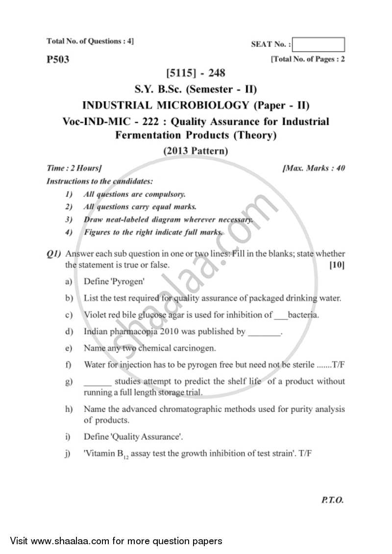 Quality Assurance in Industrial Products 2016-2017 Semester 4 (FYBSc) - University of Pune question paper with PDF download
