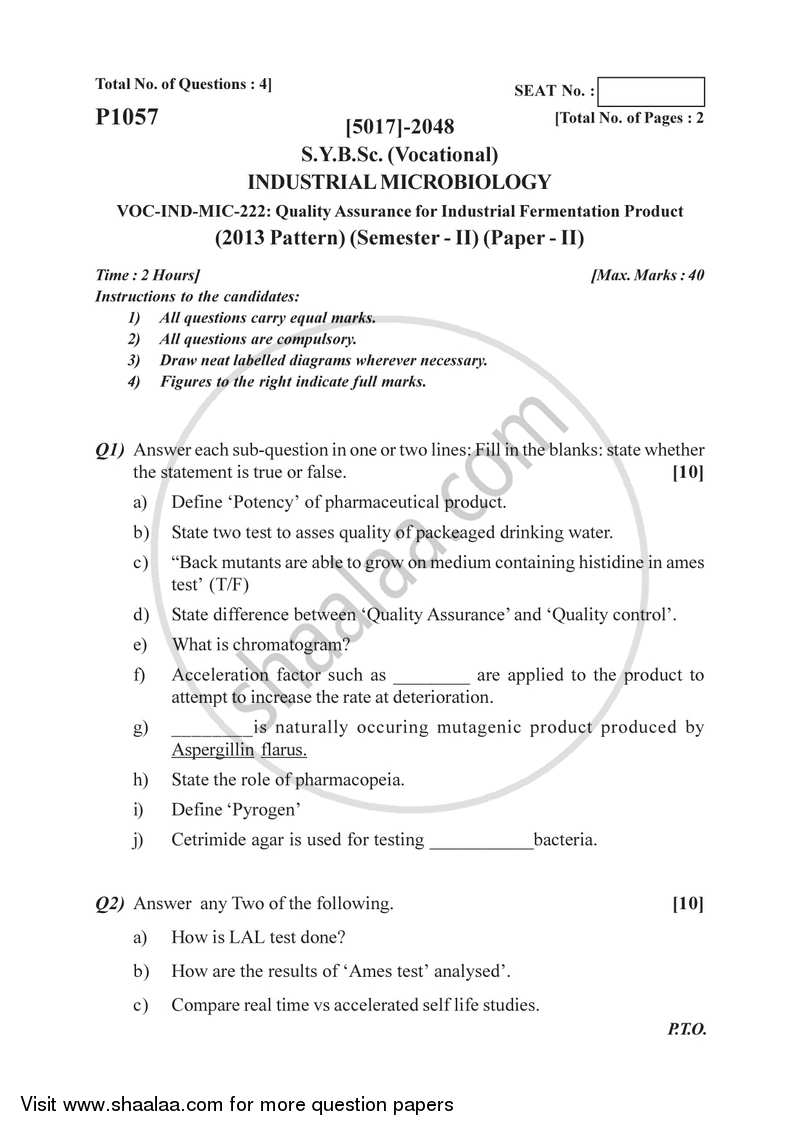 Quality Assurance in Industrial Products 2016-2017 Semester 4 (FYBSc) - University of Pune question paper with PDF download