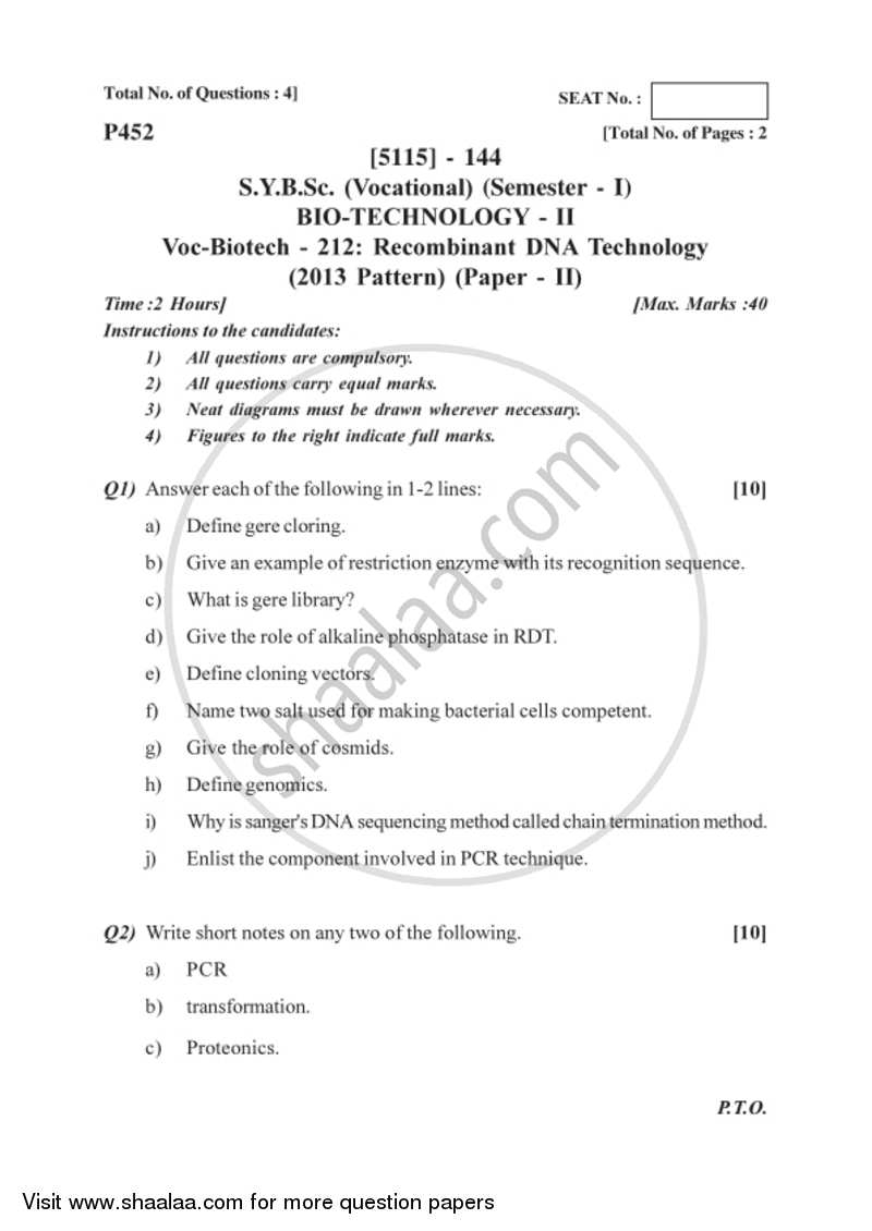 Recombinant DNA Technology 2016-2017 Semester 3 (FYBSc) - University of Pune question paper with PDF download