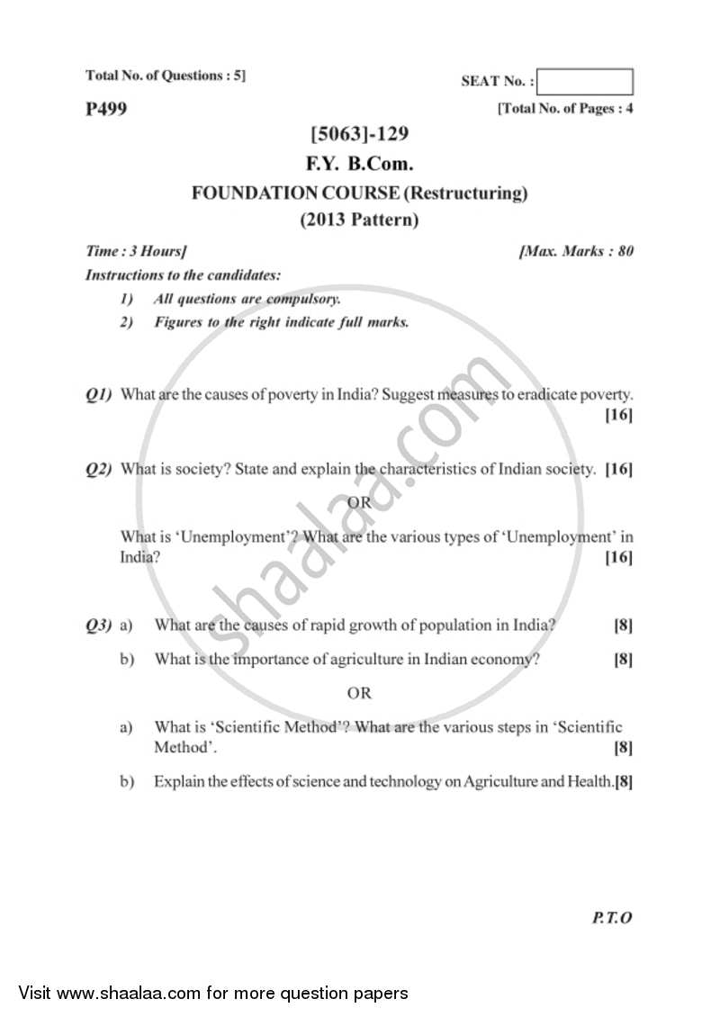 Restructuring 2016-2017 Semester 1 (FYBSc) - University of Pune question paper with PDF download