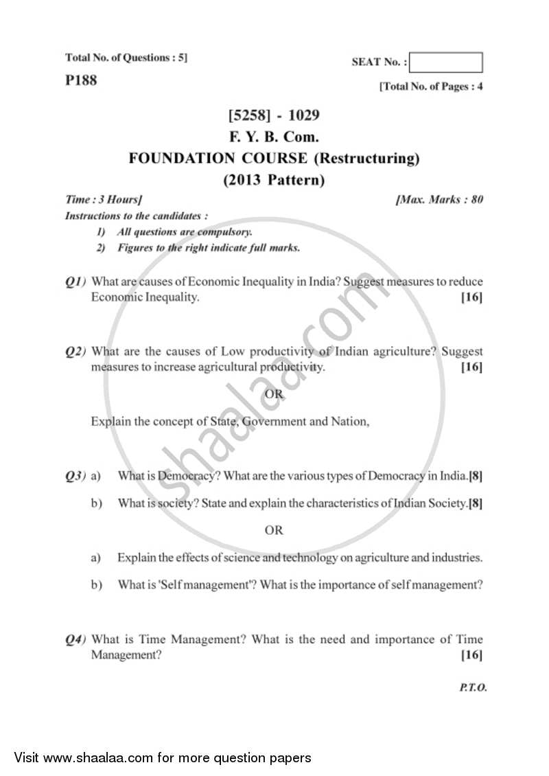Restructuring 2017-2018 Semester 1 (FYBSc) - University of Pune question paper with PDF download