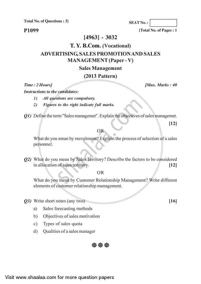 Sales Management 2015-2016 T.Y.B.Com Vocational - University of Pune question paper with PDF download