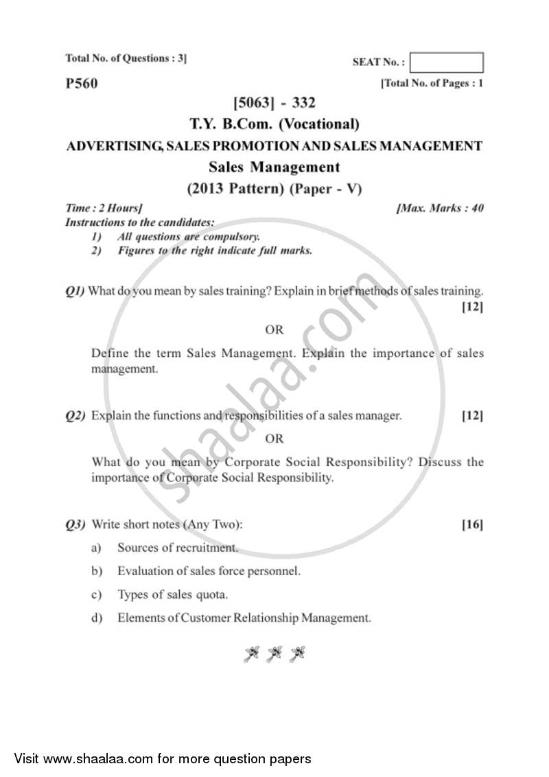 Sales Management 2016-2017 T.Y.B.Com Vocational - University of Pune question paper with PDF download