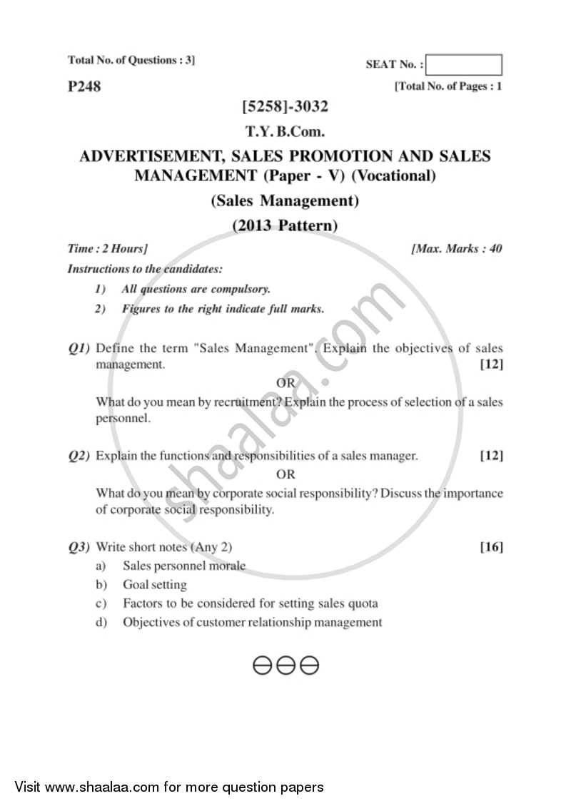 Sales Management 2017-2018 T.Y.B.Com Vocational - University of Pune question paper with PDF download