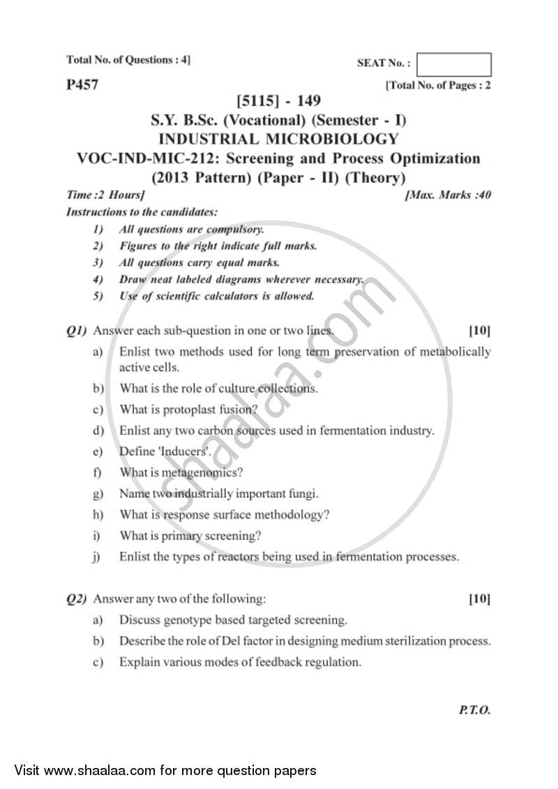 Screening and Process Optimization 2016-2017 Semester 3 (FYBSc) - University of Pune question paper with PDF download