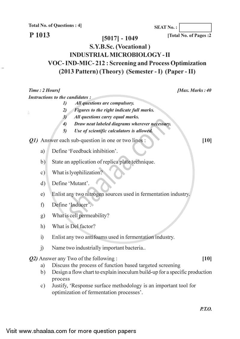 Screening and Process Optimization 2016-2017 Semester 3 (FYBSc) - University of Pune question paper with PDF download