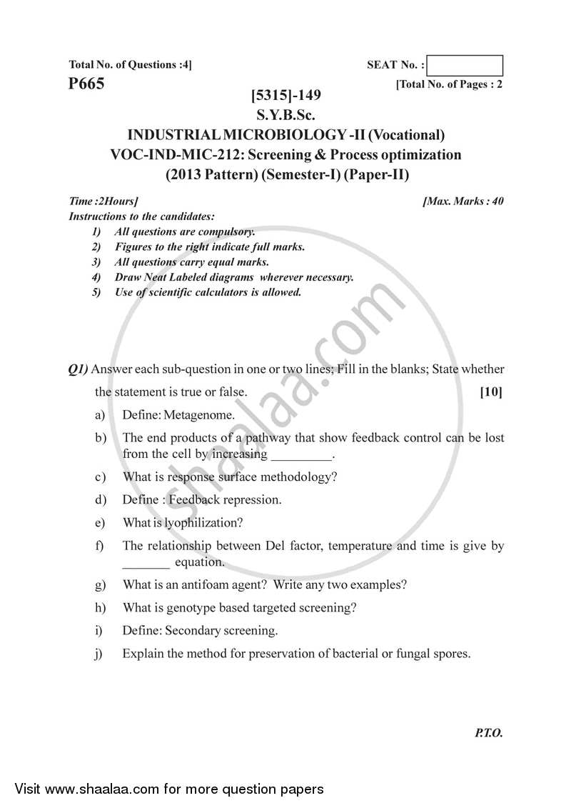 Screening and Process Optimization 2017-2018 Semester 3 (FYBSc) - University of Pune question paper with PDF download