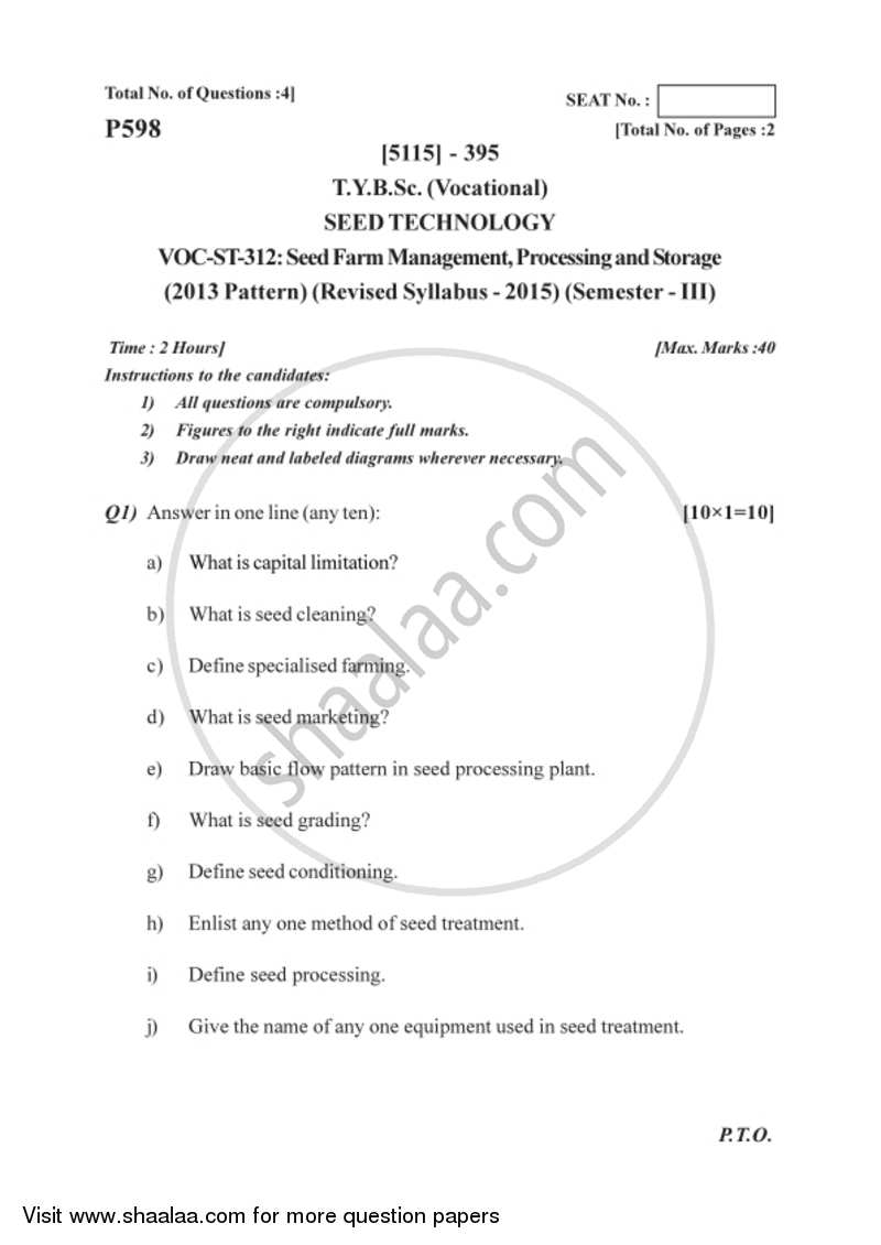 Seed Farm Management, Processing and Storage 2016-2017 Semester 5 (FYBSc) - University of Pune question paper with PDF download