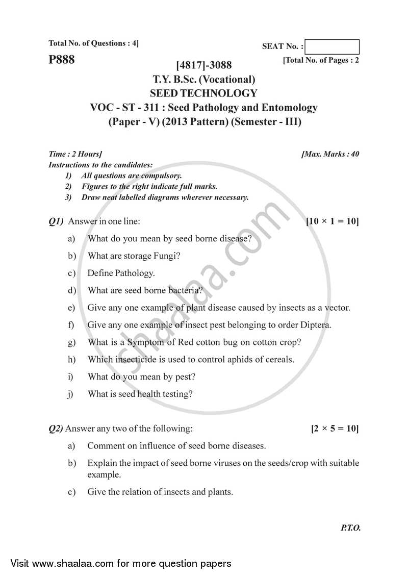 Seed Pathology and Entomology 2015-2016 Semester 5 (FYBSc) - University of Pune question paper with PDF download